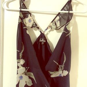 Lulu’s wrap dress, navy with flowers